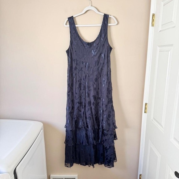 Dresses & Skirts - Vintage 90s Y2K 100% Silk Navy Blue Tiered Maxi Dress Burnout Plus Size Large XL